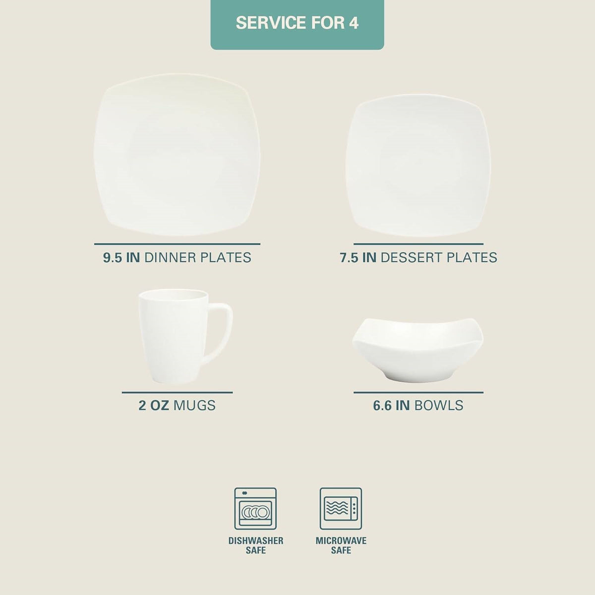 White Square Porcelain 16-Piece Dinnerware Set