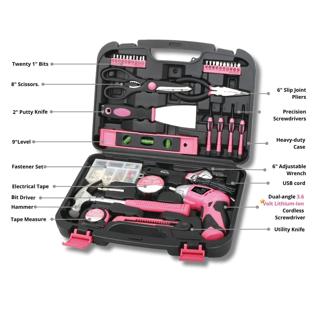 135 Piece Household Tool Kit Pink with Pivoting Dual-Angle 3.6 Volt Lithium-Ion Cordless Screwdriver - DT0773N1