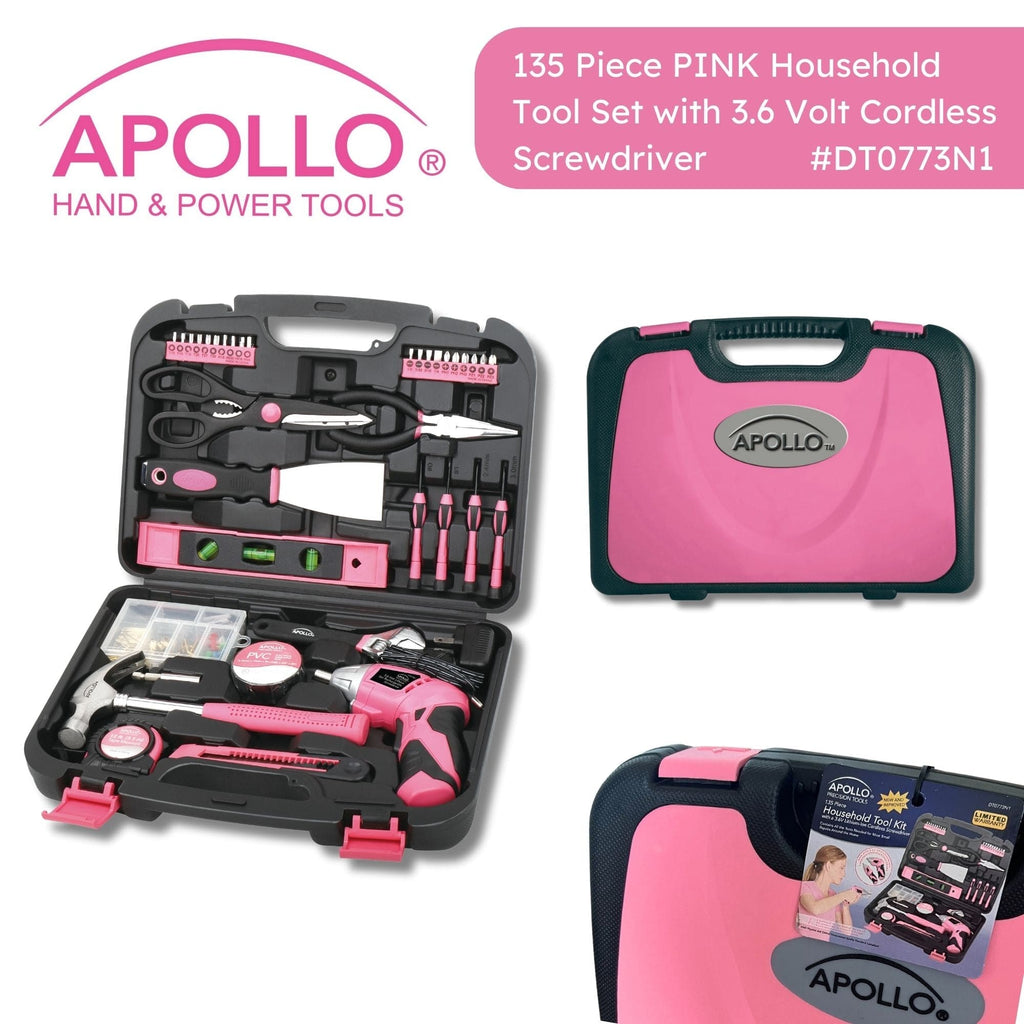 135 Piece Household Tool Kit Pink with Pivoting Dual-Angle 3.6 Volt Lithium-Ion Cordless Screwdriver - DT0773N1