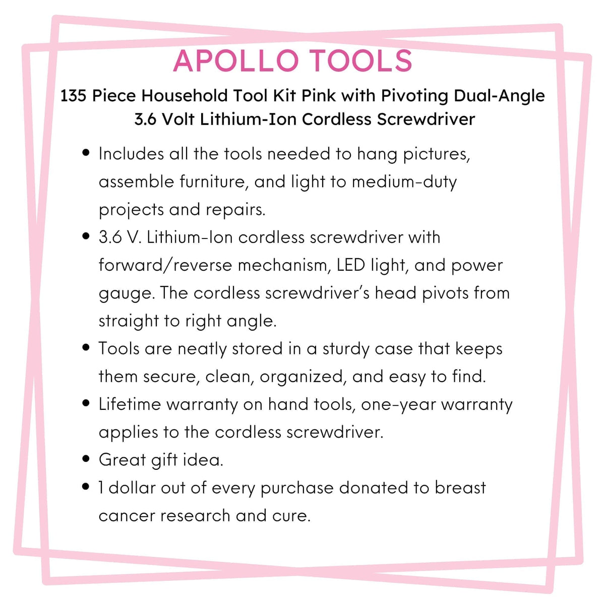 135 Piece Household Tool Kit Pink with Pivoting Dual-Angle 3.6 Volt Lithium-Ion Cordless Screwdriver - DT0773N1
