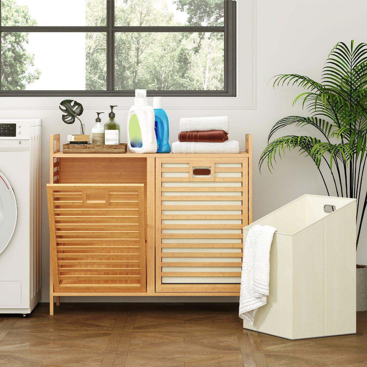 Double Tilt-Out Bamboo Laundry Hamper with 2 Removable Bins