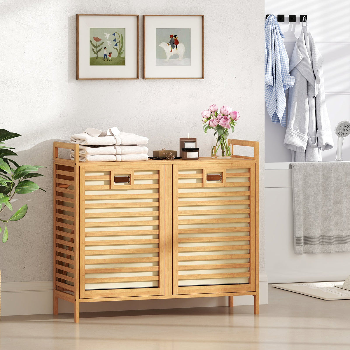 Double Tilt-Out Bamboo Laundry Hamper with 2 Removable Bins