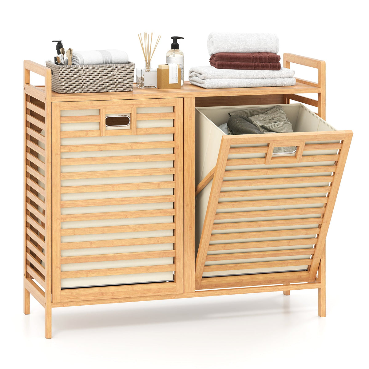 Double Tilt-Out Bamboo Laundry Hamper with 2 Removable Bins