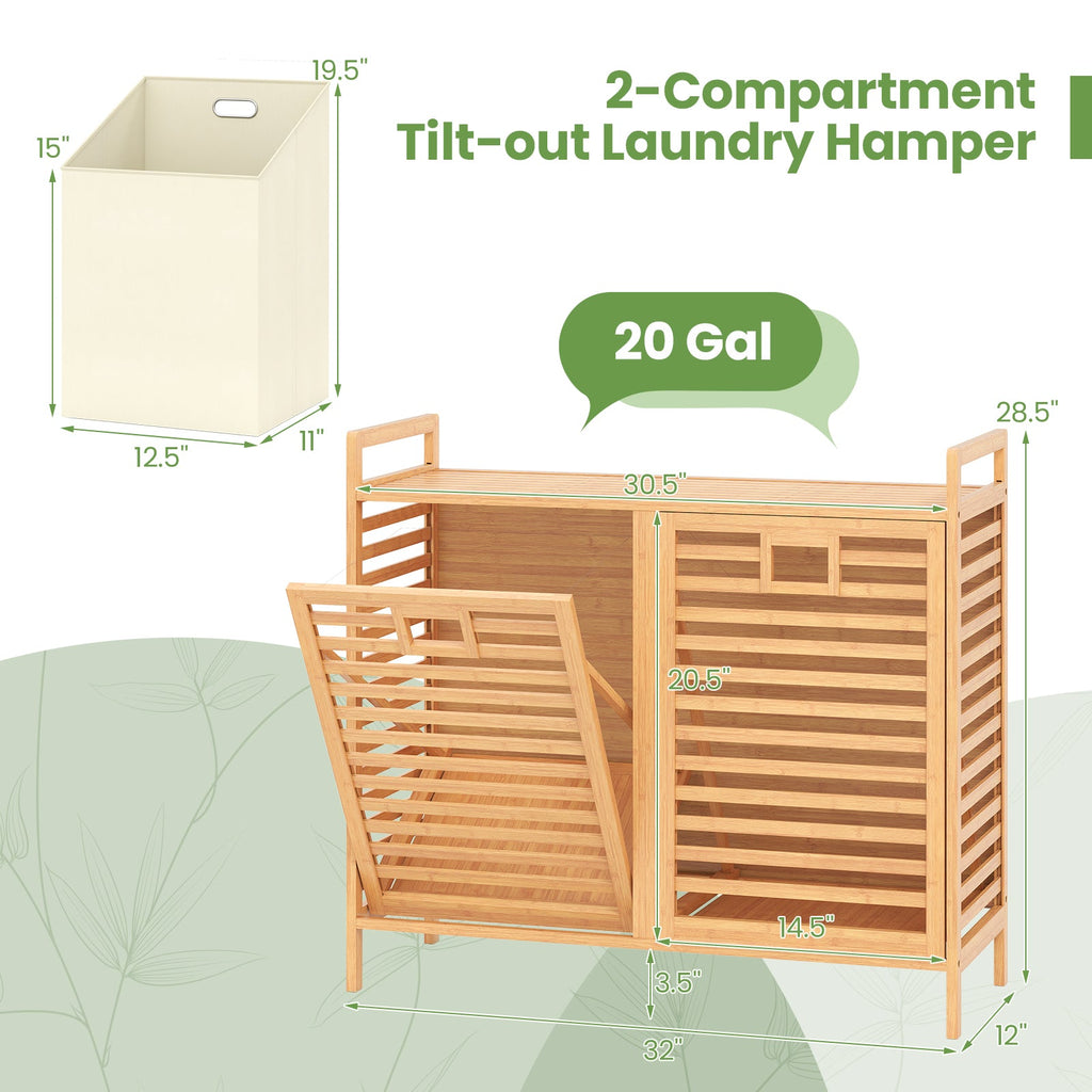 Double Tilt-Out Bamboo Laundry Hamper with 2 Removable Bins