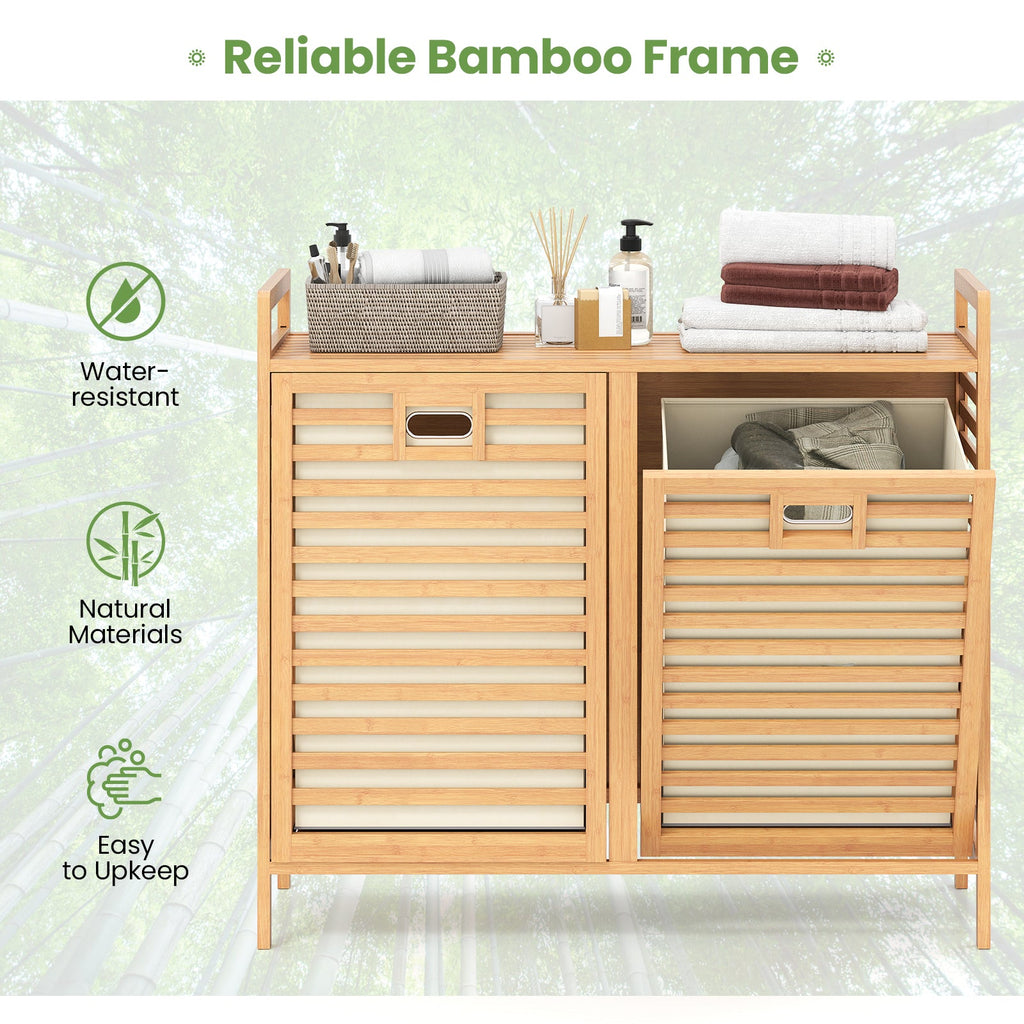 Double Tilt-Out Bamboo Laundry Hamper with 2 Removable Bins
