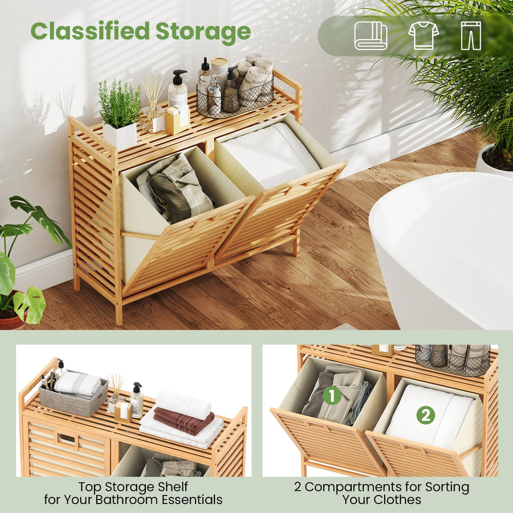 Double Tilt-Out Bamboo Laundry Hamper with 2 Removable Bins