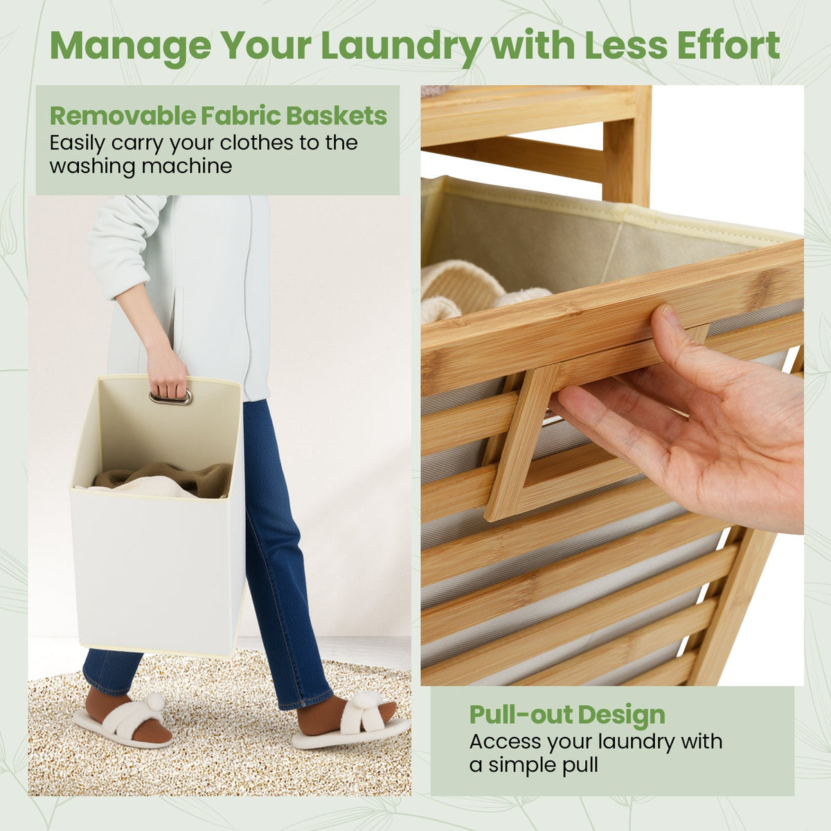 Double Tilt-Out Bamboo Laundry Hamper with 2 Removable Bins