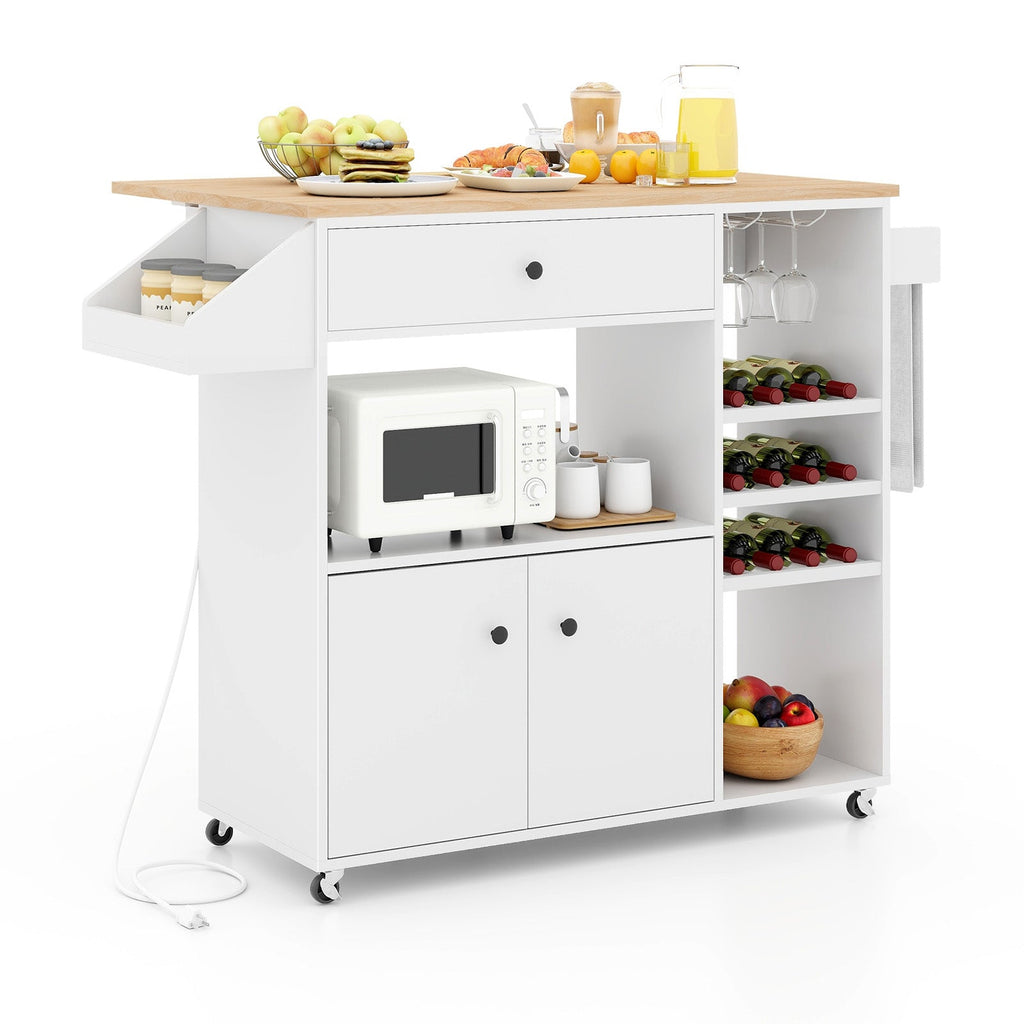 Drop-Leaf Rolling Kitchen Island with Power Outlet – Rustic Brown