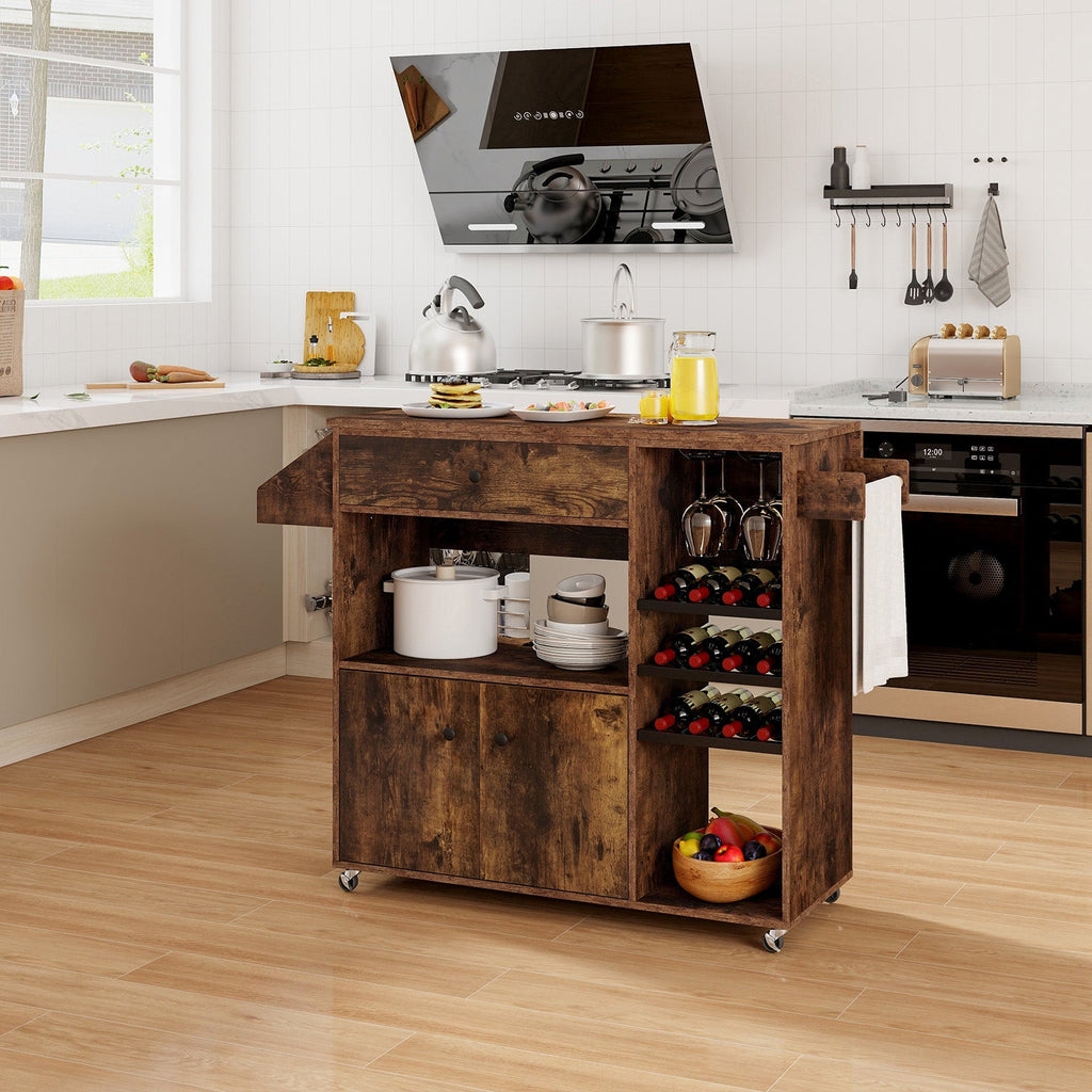 Drop-Leaf Rolling Kitchen Island with Power Outlet – Rustic Brown