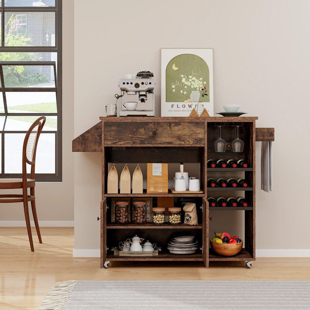 Drop-Leaf Rolling Kitchen Island with Power Outlet – Rustic Brown