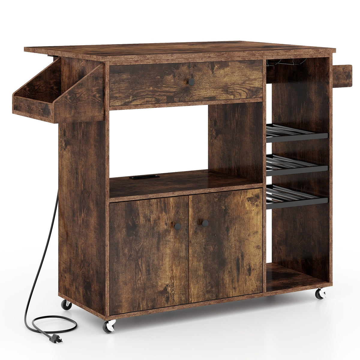 Drop-Leaf Rolling Kitchen Island with Power Outlet – Rustic Brown