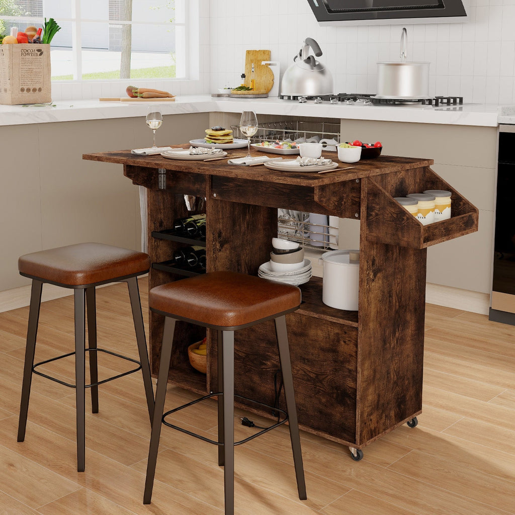 Drop-Leaf Rolling Kitchen Island with Power Outlet – Rustic Brown