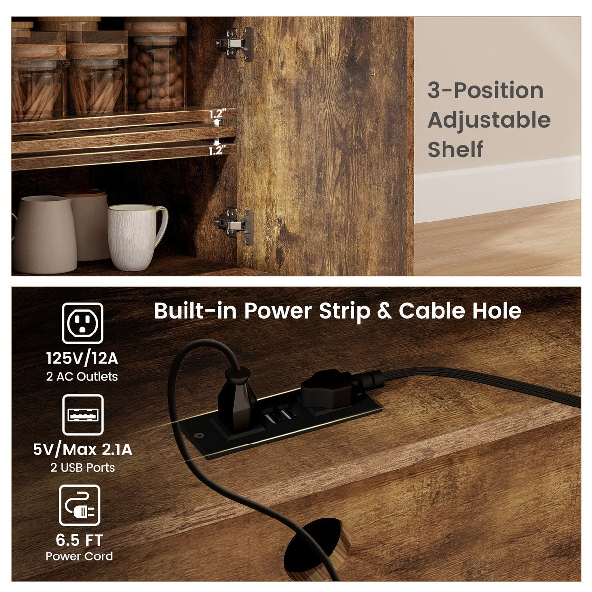 Drop-Leaf Rolling Kitchen Island with Power Outlet – Rustic Brown