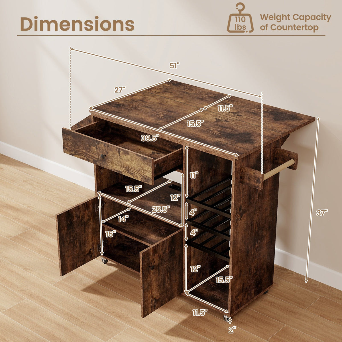 Drop-Leaf Rolling Kitchen Island with Power Outlet – Rustic Brown