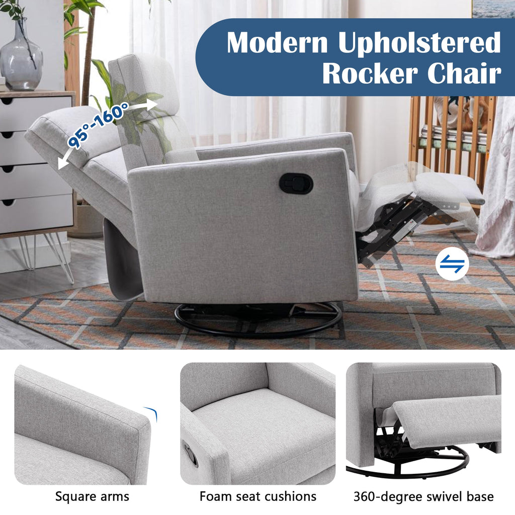 Modern Upholstered Swivel Glider Rocker Recliner – Gray