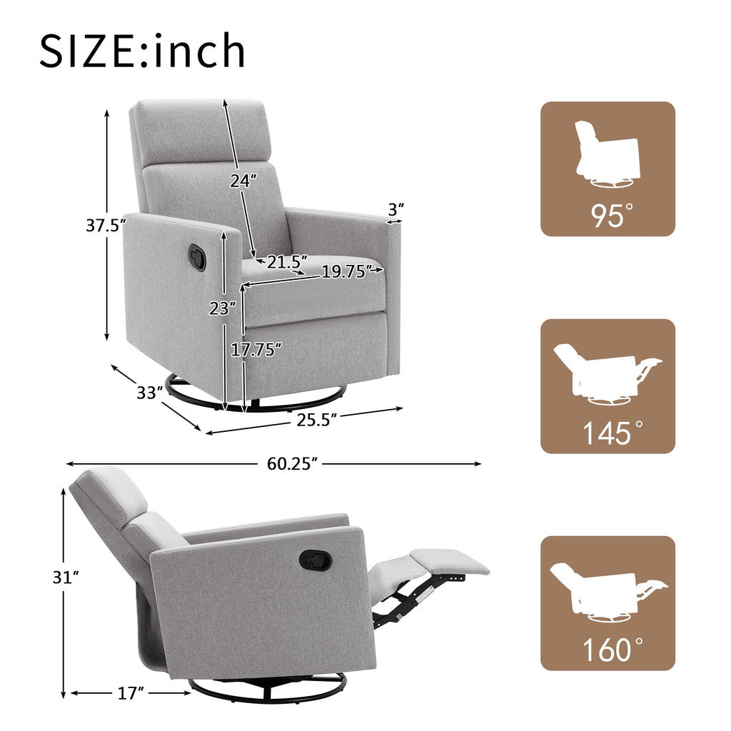 Modern Upholstered Swivel Glider Rocker Recliner – Gray
