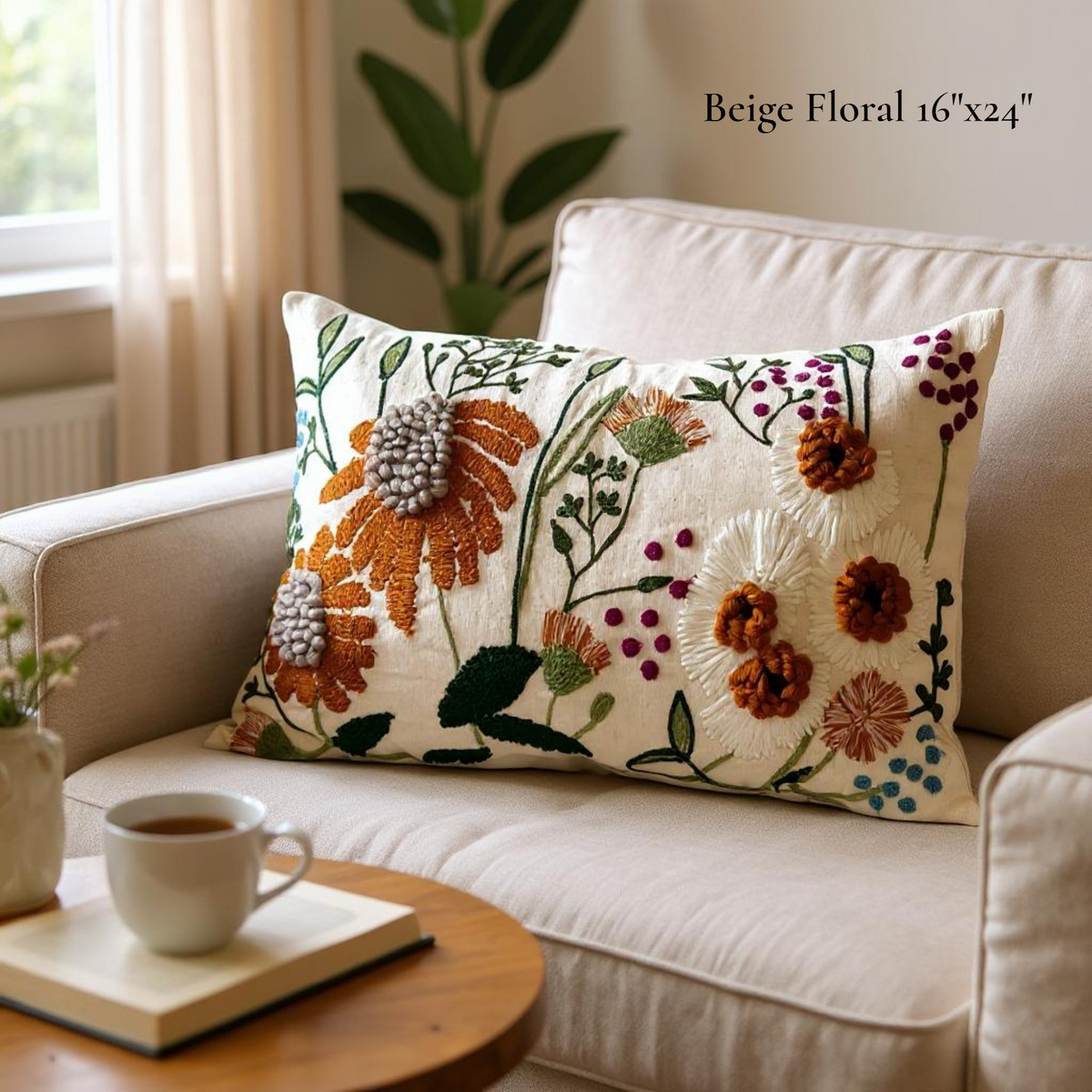 Embroidered Floral Lumbar Pillow Cover – 16" x 24"