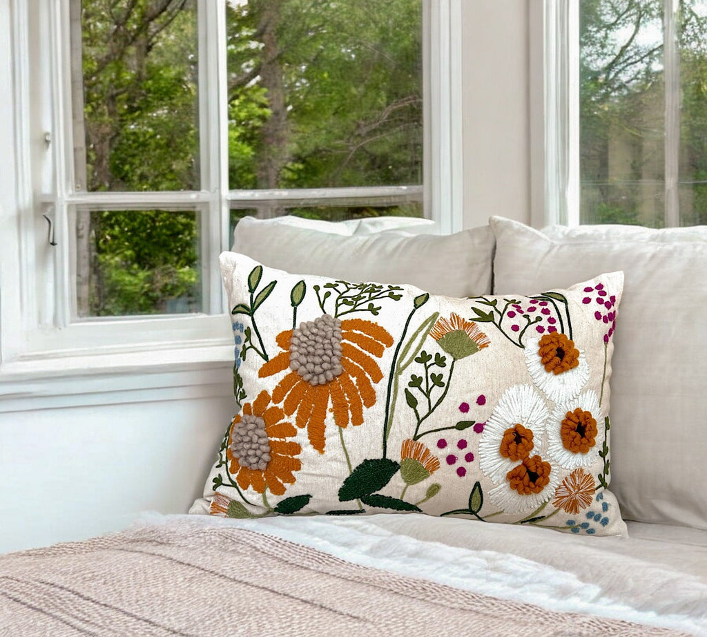 Embroidered Floral Lumbar Pillow Cover – 16" x 24"