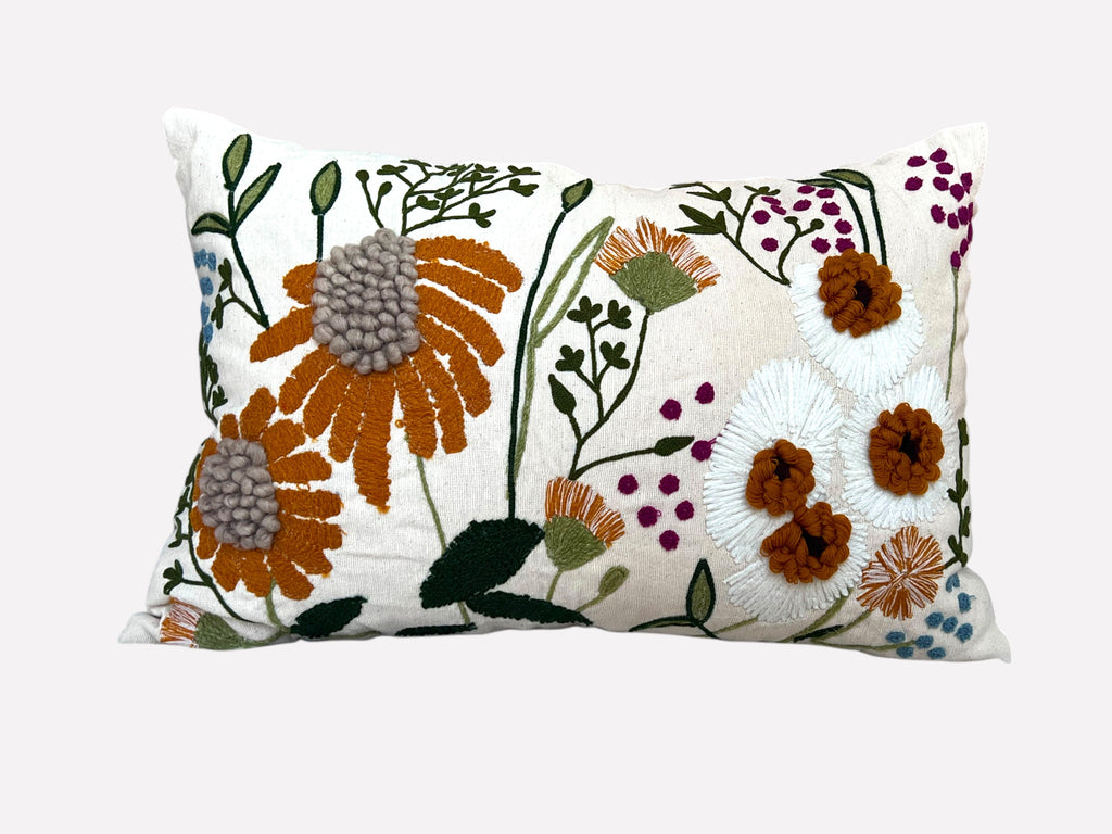 Embroidered Floral Lumbar Pillow Cover – 16" x 24"