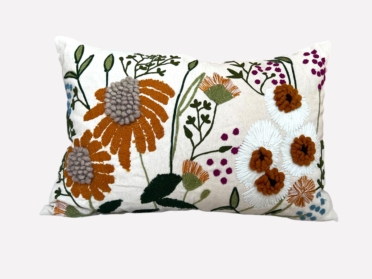 Embroidered Floral Lumbar Pillow Cover – 16" x 24"