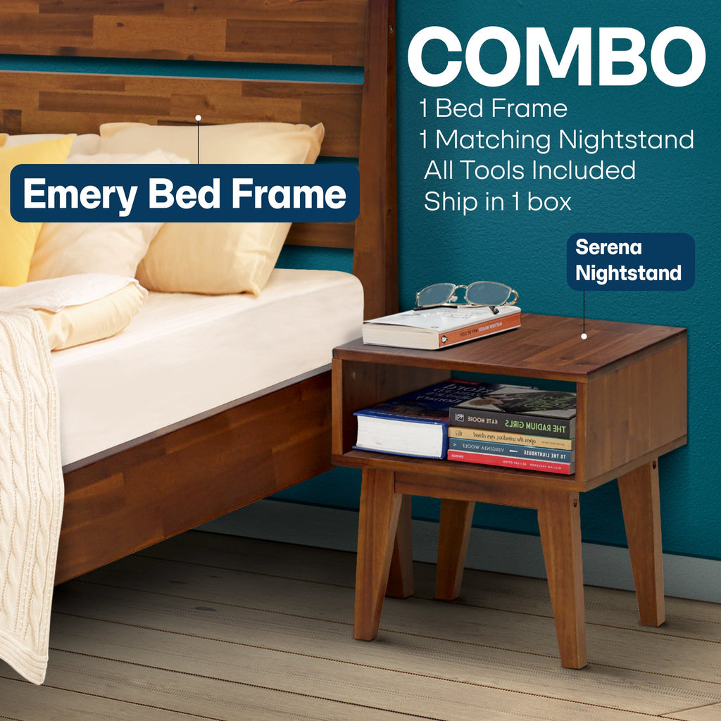 Emery Solid Wood King Bed Frame & Nightstand Set