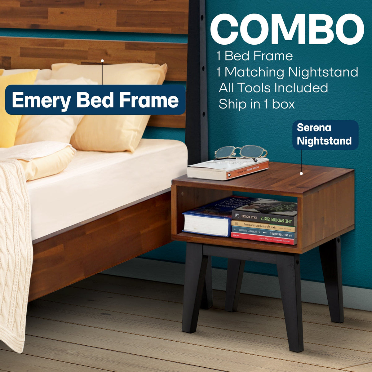 Emery Solid Wood King Bed Frame & Nightstand Set