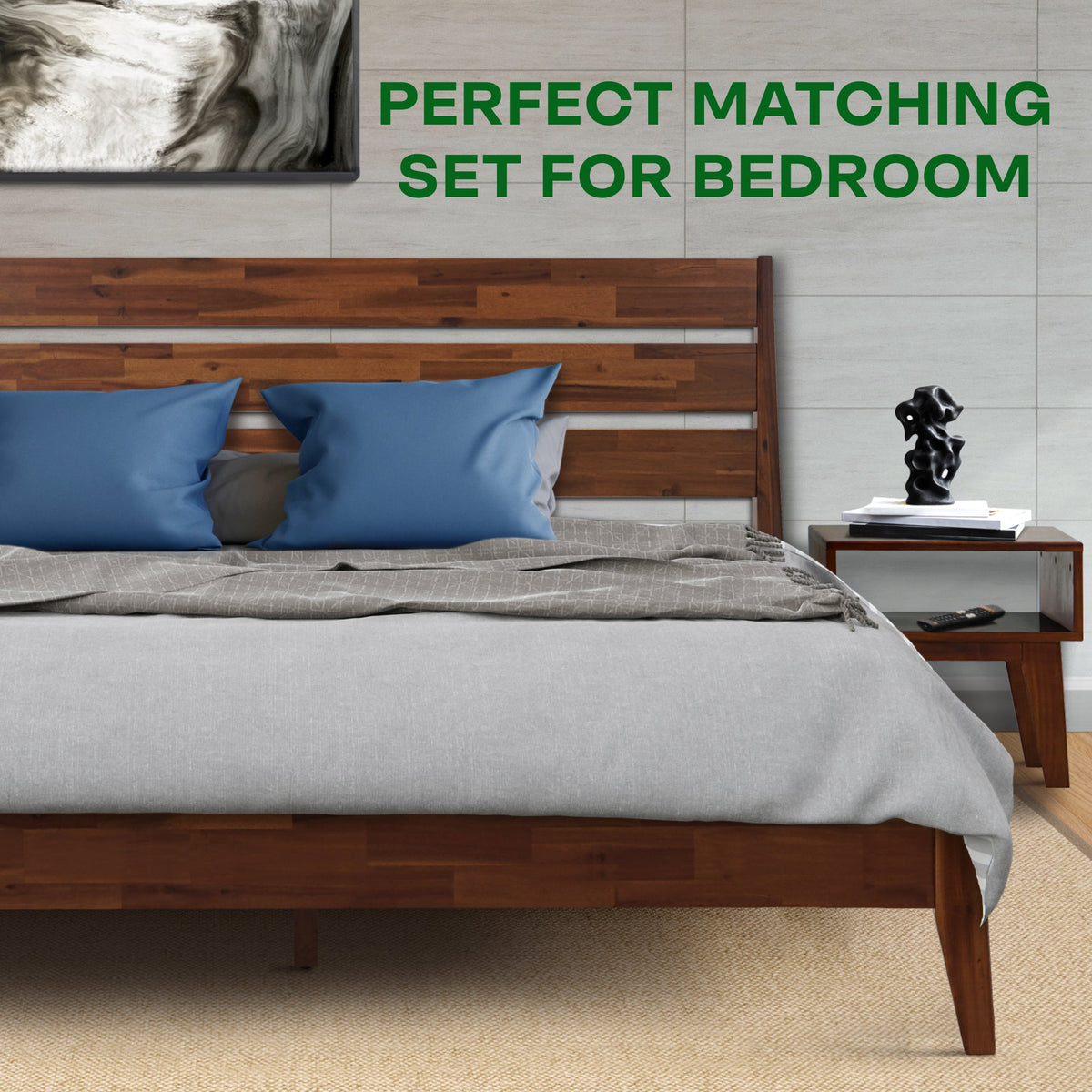 Emery Solid Wood King Bed Frame & Nightstand Set