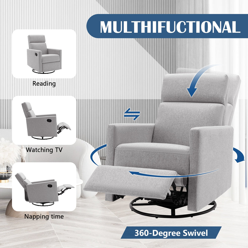 Modern Upholstered Swivel Glider Rocker Recliner – Gray