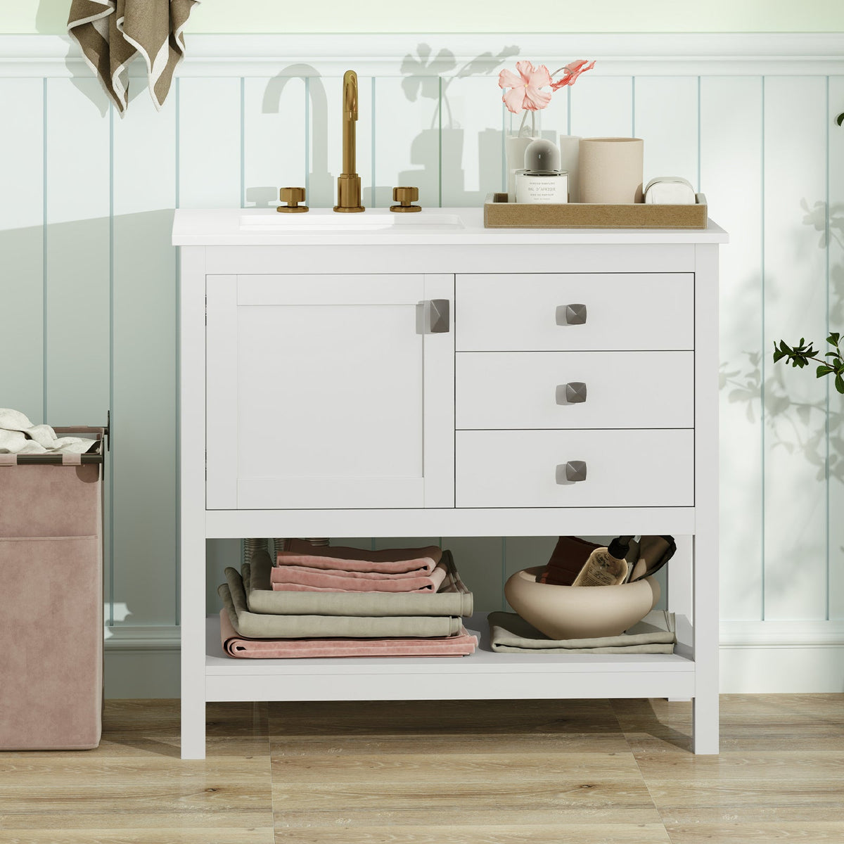 Freestanding White Bathroom Vanity with Basin & Storage