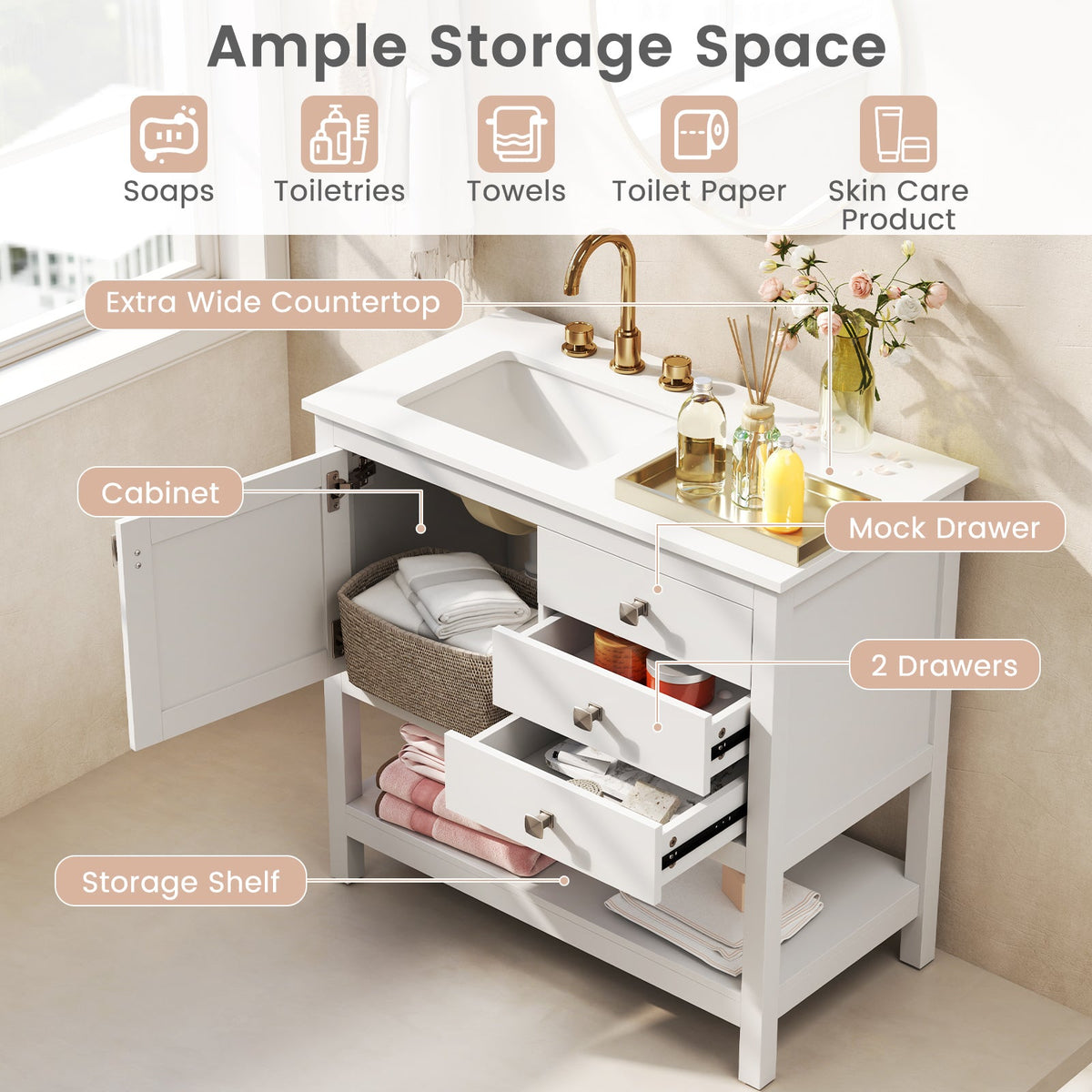 Freestanding White Bathroom Vanity with Basin & Storage