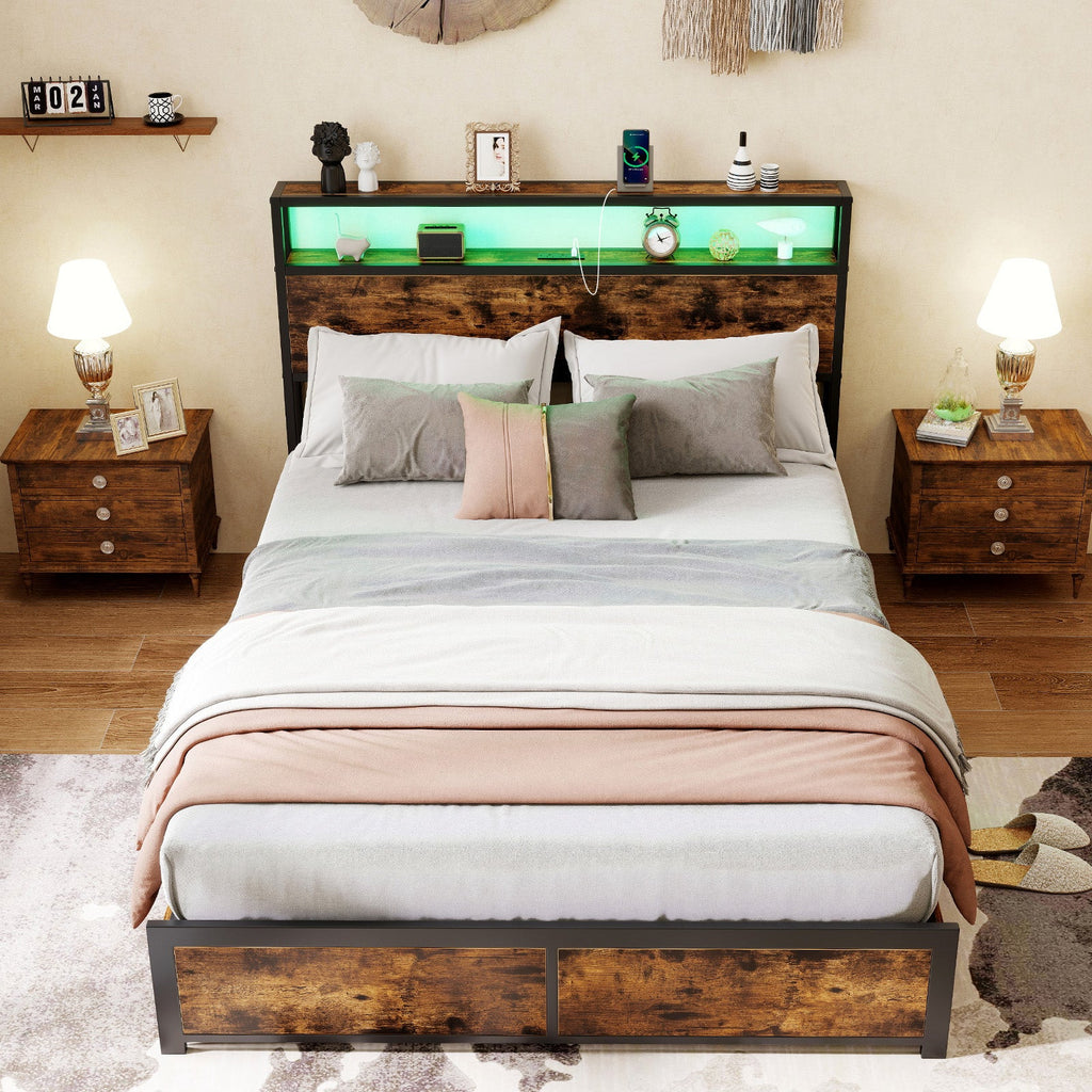 LED Storage Bed Frame with Charging Station & 4 Drawers