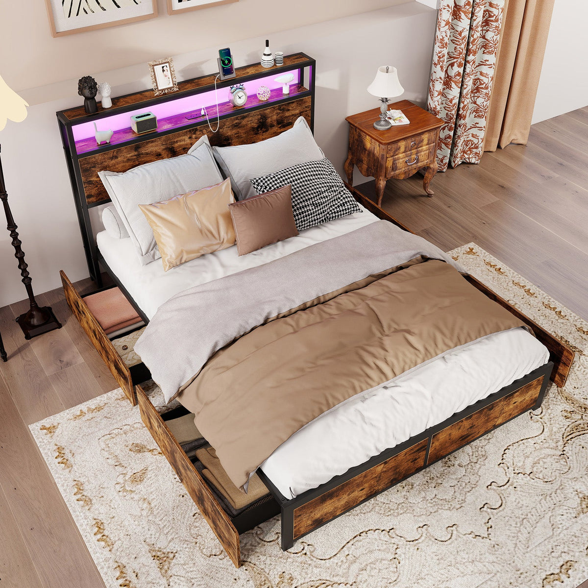 LED Storage Bed Frame with Charging Station & 4 Drawers