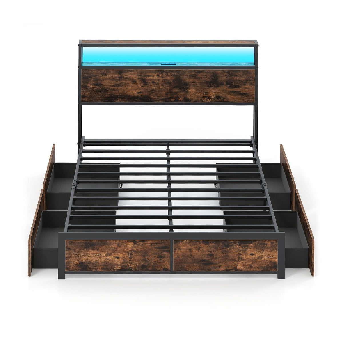 LED Storage Bed Frame with Charging Station & 4 Drawers