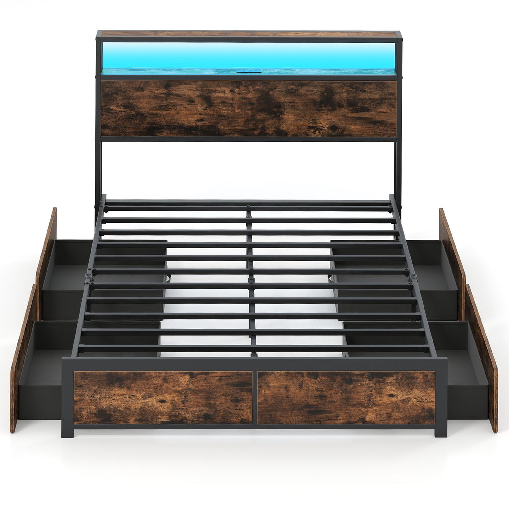 LED Storage Bed Frame with Charging Station & 4 Drawers