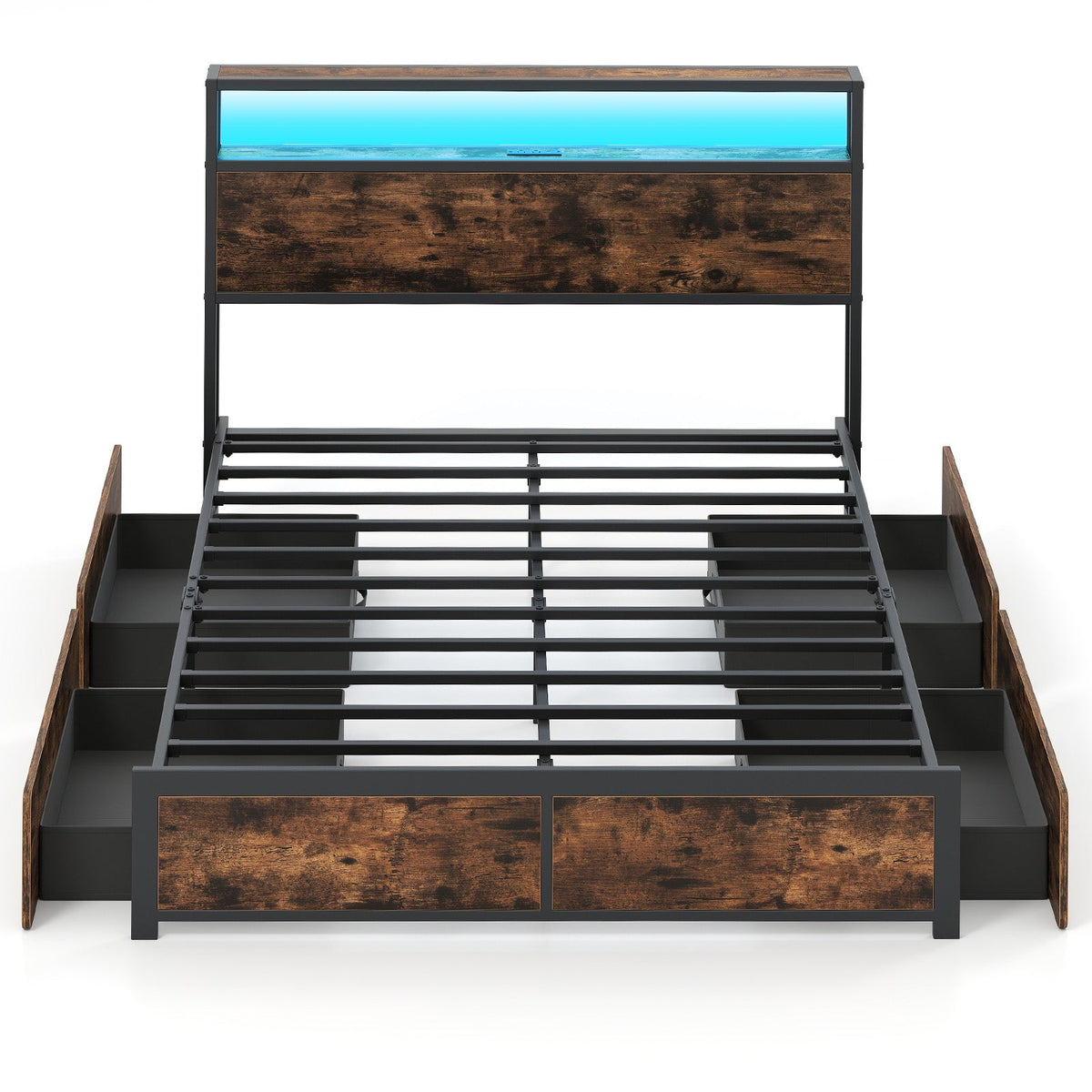 LED Storage Bed Frame with Charging Station & 4 Drawers