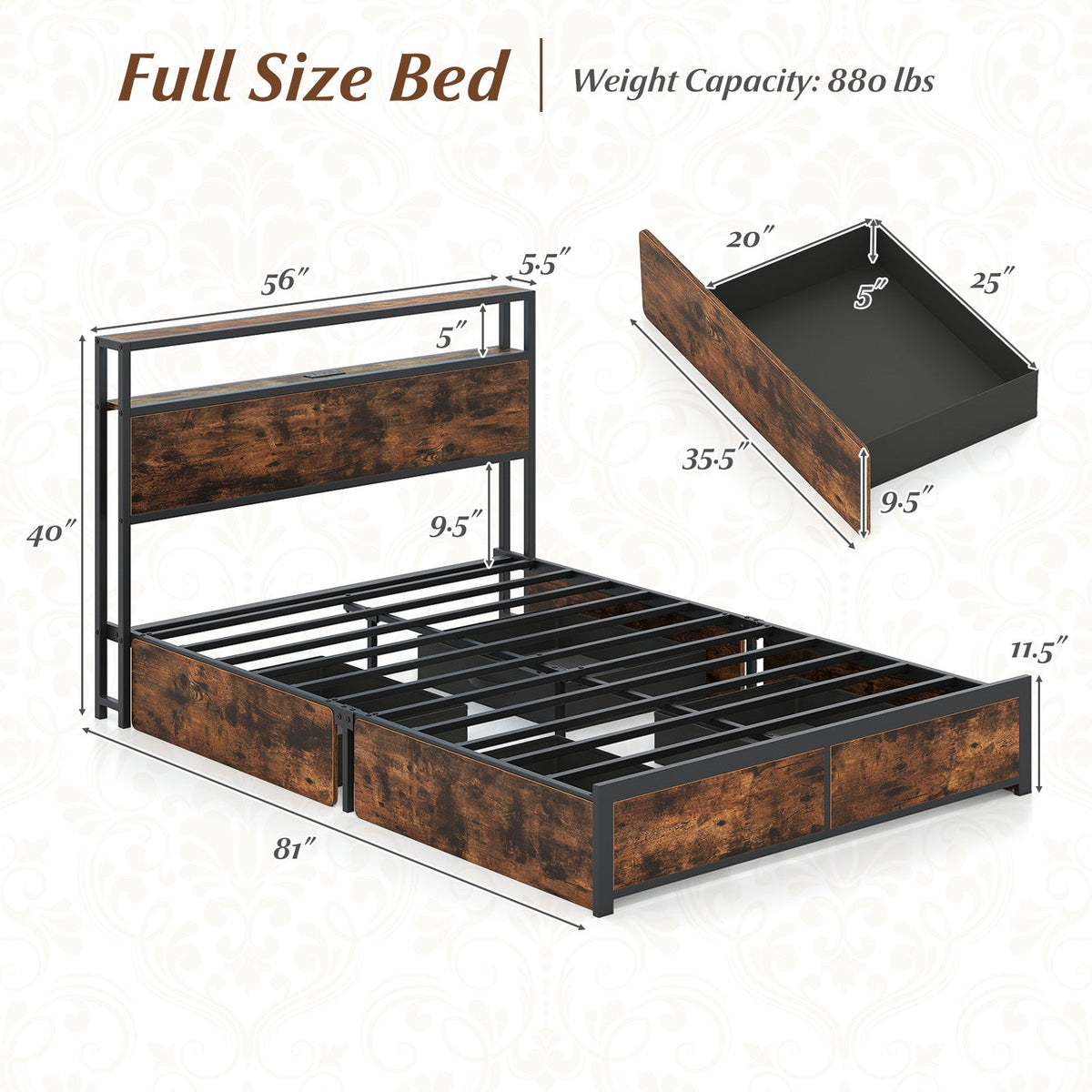 LED Storage Bed Frame with Charging Station & 4 Drawers