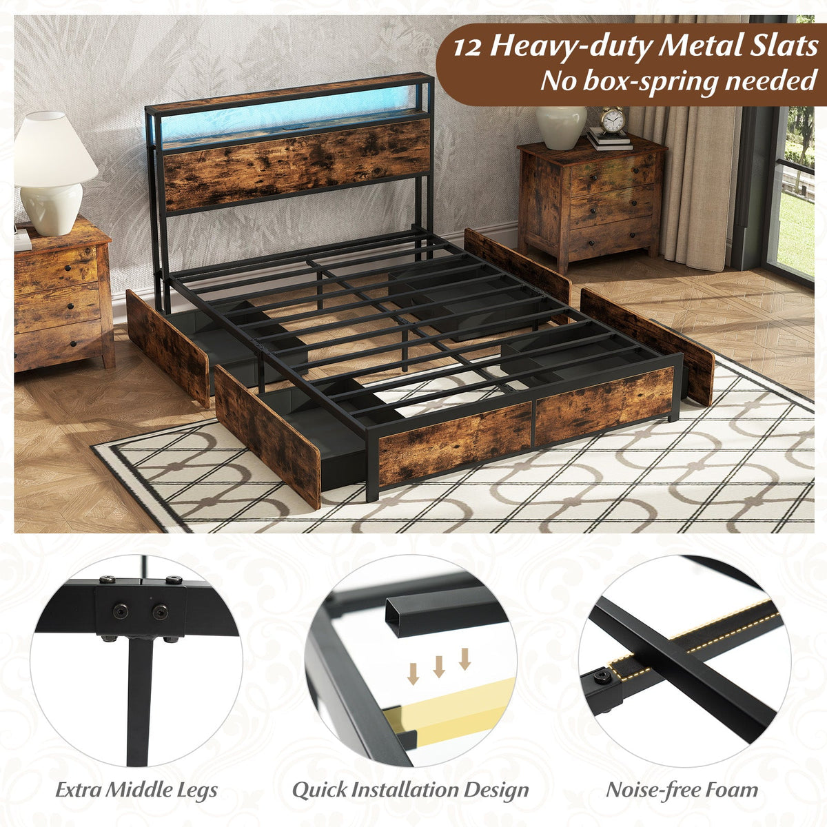 LED Storage Bed Frame with Charging Station & 4 Drawers