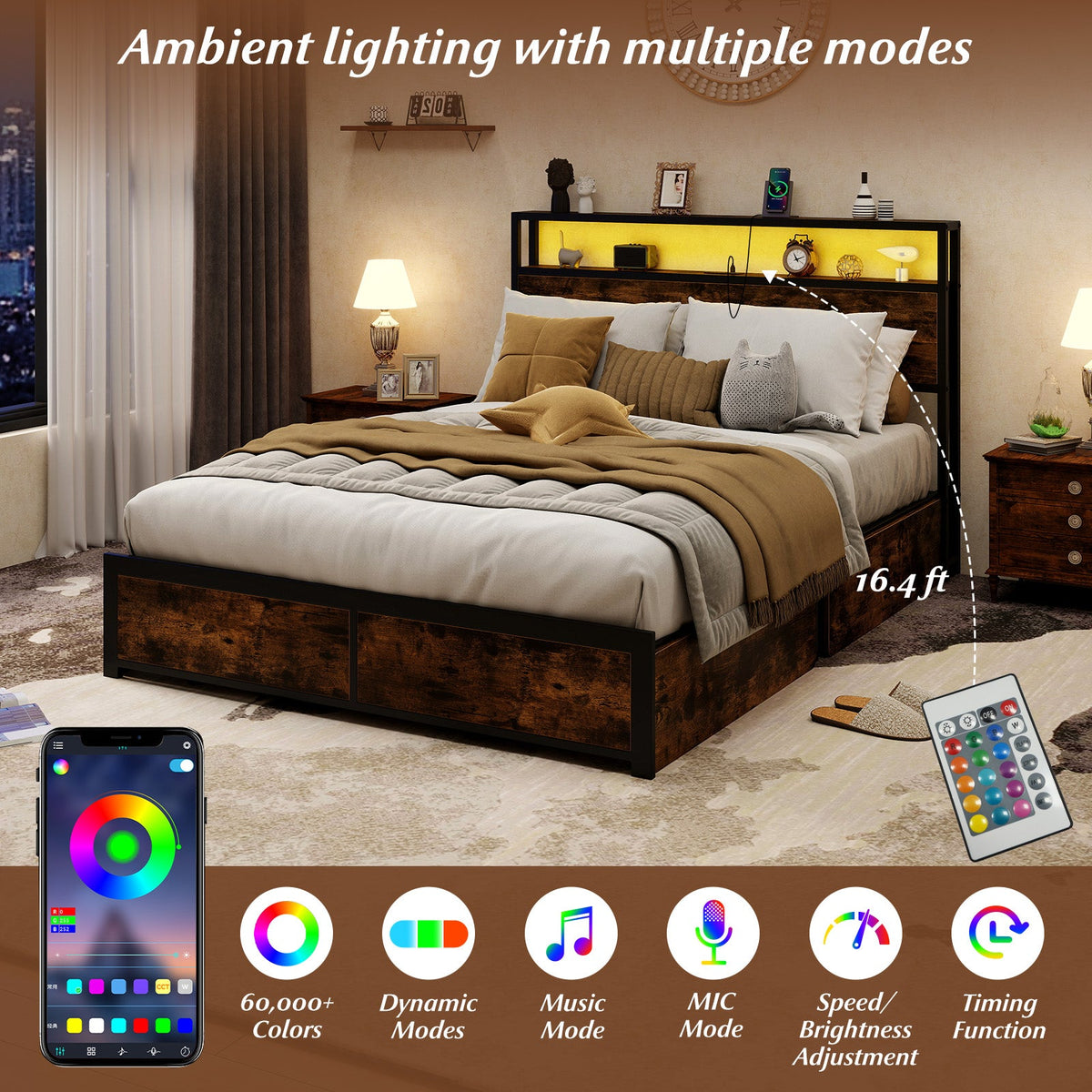 LED Storage Bed Frame with Charging Station & 4 Drawers