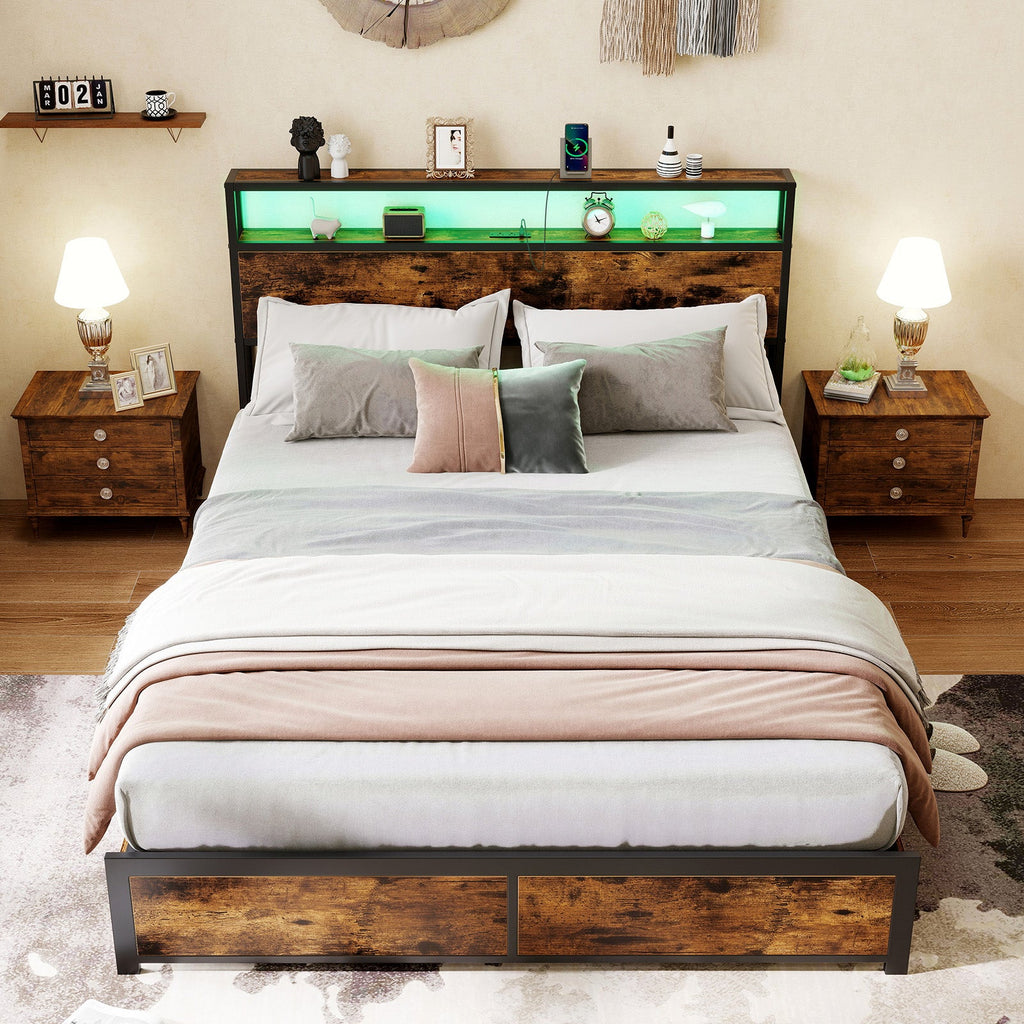 LED Storage Bed Frame with Charging Station & 4 Drawers