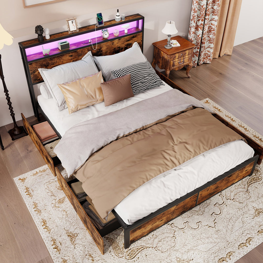 LED Storage Bed Frame with Charging Station & 4 Drawers