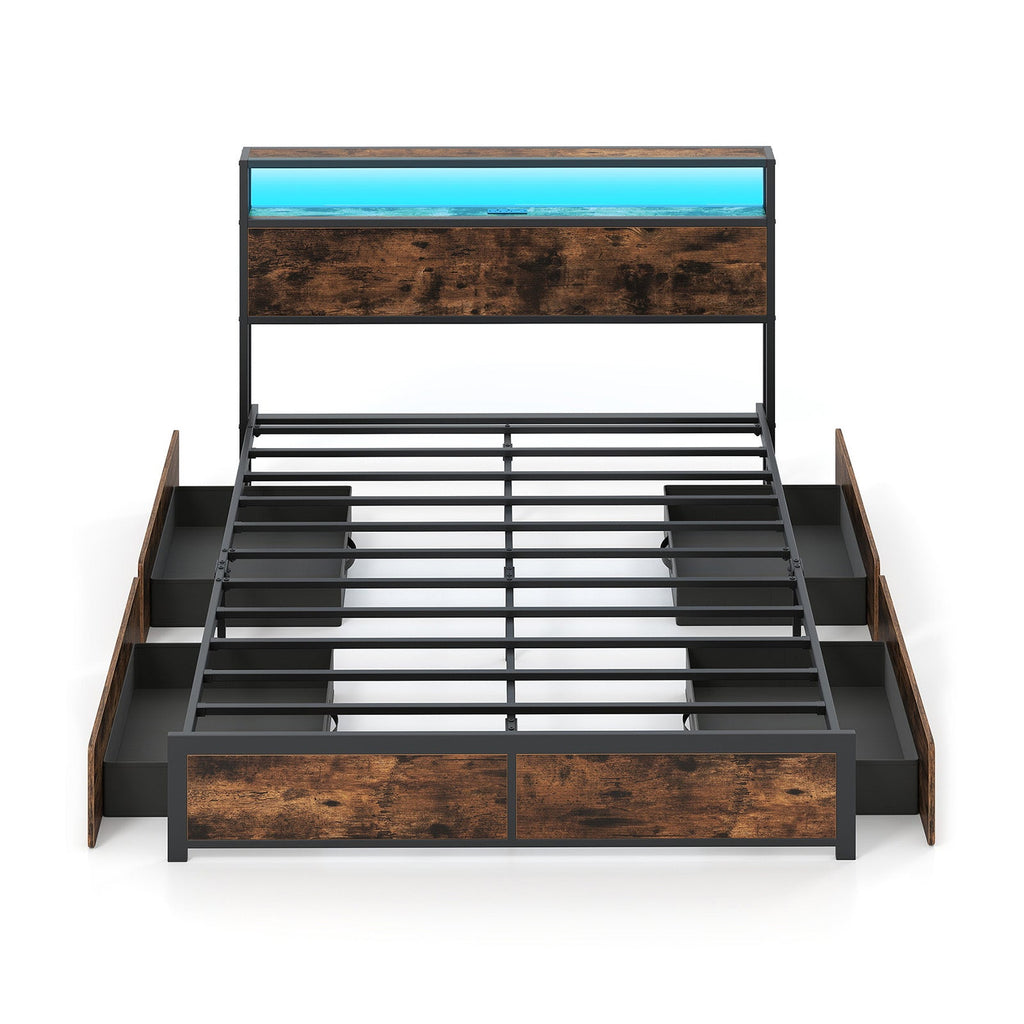 LED Storage Bed Frame with Charging Station & 4 Drawers