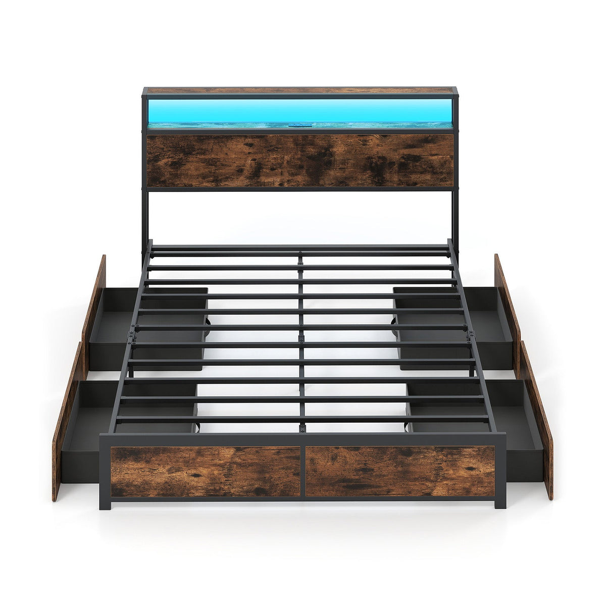 LED Storage Bed Frame with Charging Station & 4 Drawers