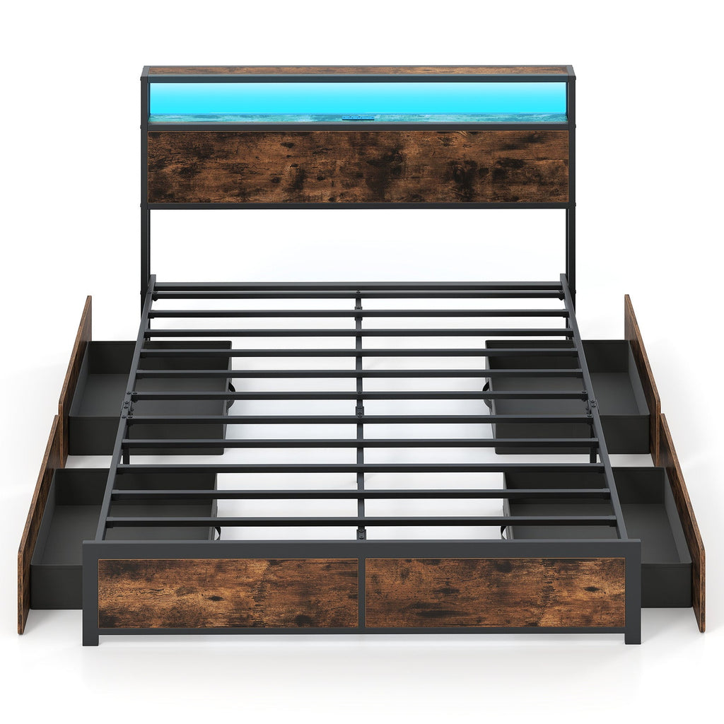 LED Storage Bed Frame with Charging Station & 4 Drawers