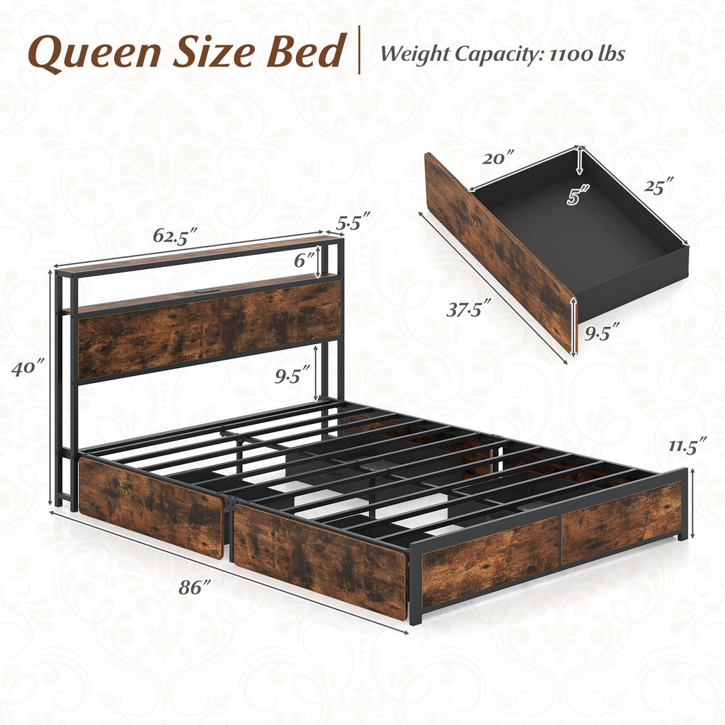 LED Storage Bed Frame with Charging Station & 4 Drawers