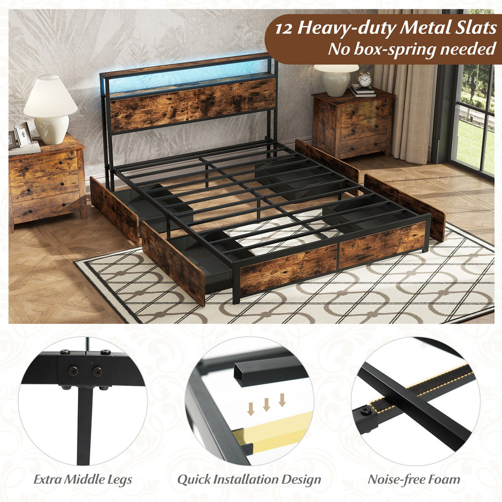 LED Storage Bed Frame with Charging Station & 4 Drawers