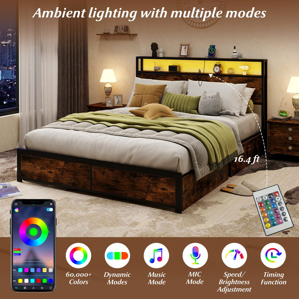 LED Storage Bed Frame with Charging Station & 4 Drawers