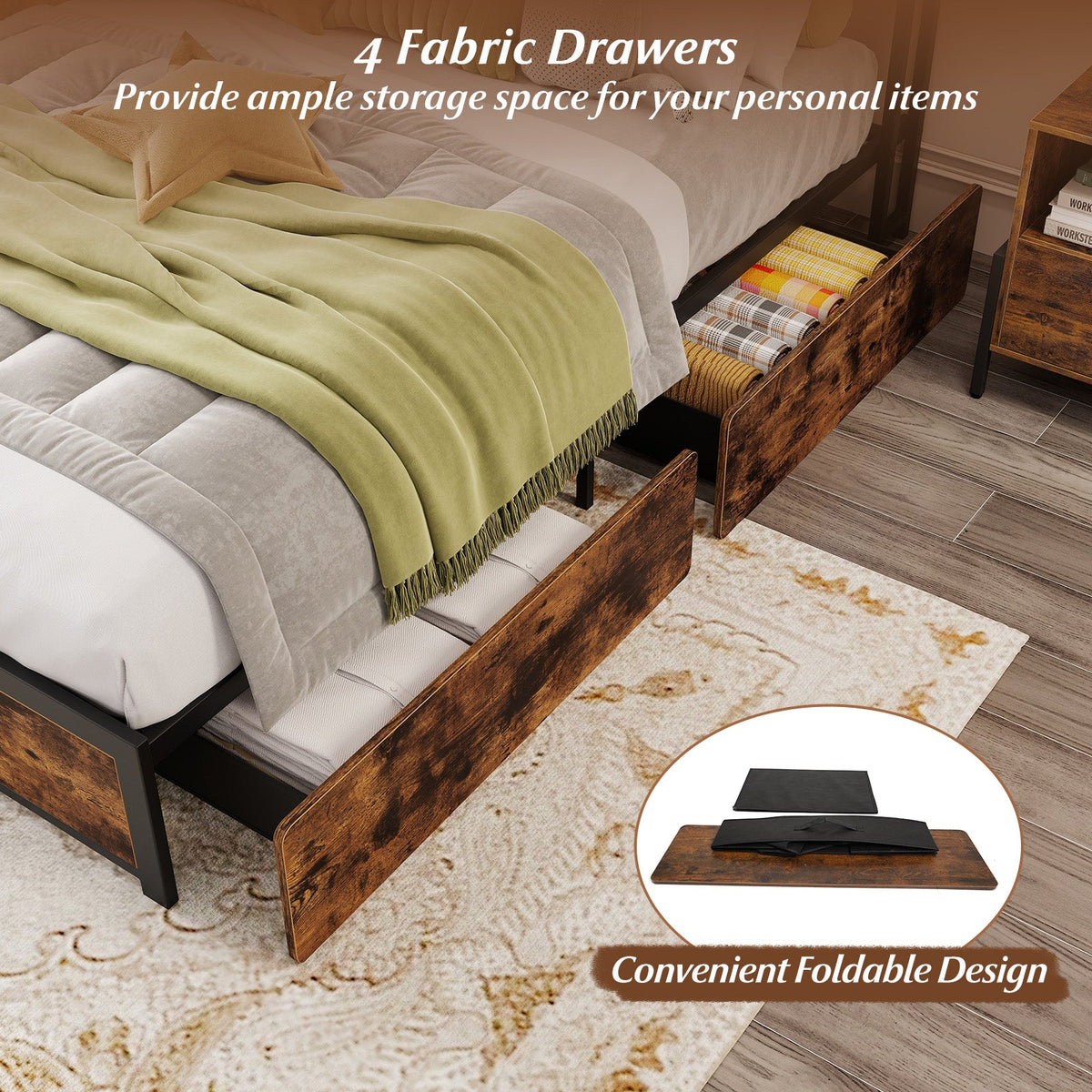 LED Storage Bed Frame with Charging Station & 4 Drawers