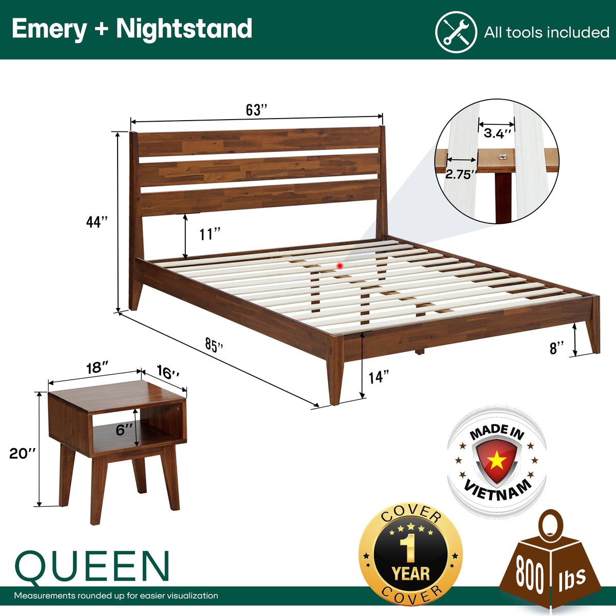 Emery Solid Wood King Bed Frame & Nightstand Set