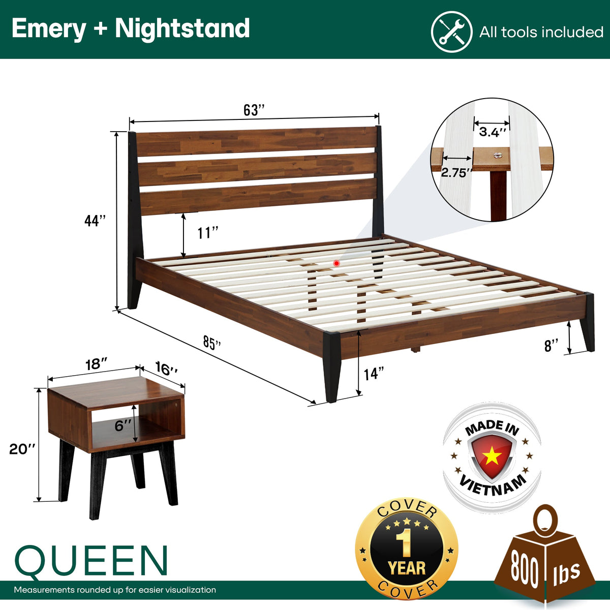 Emery Solid Wood King Bed Frame & Nightstand Set