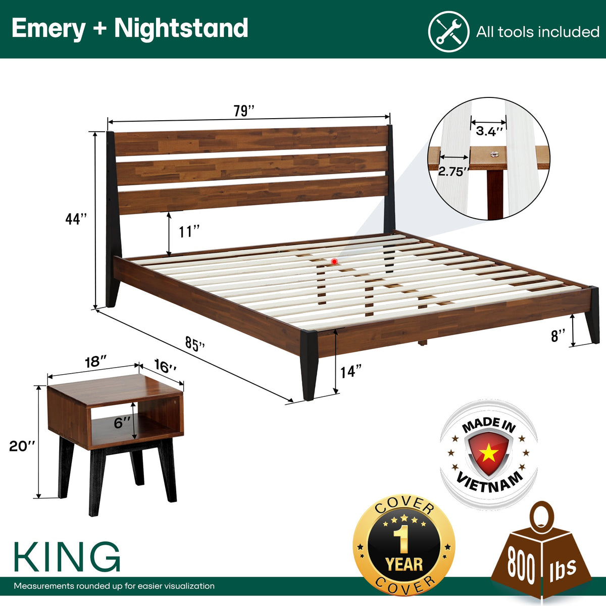 Emery Solid Wood King Bed Frame & Nightstand Set